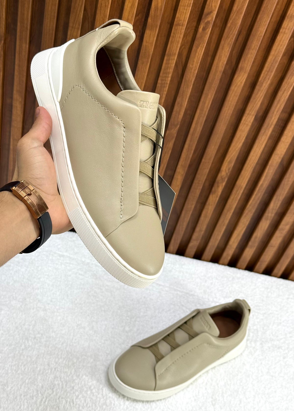Zegna triple stitch dark cream