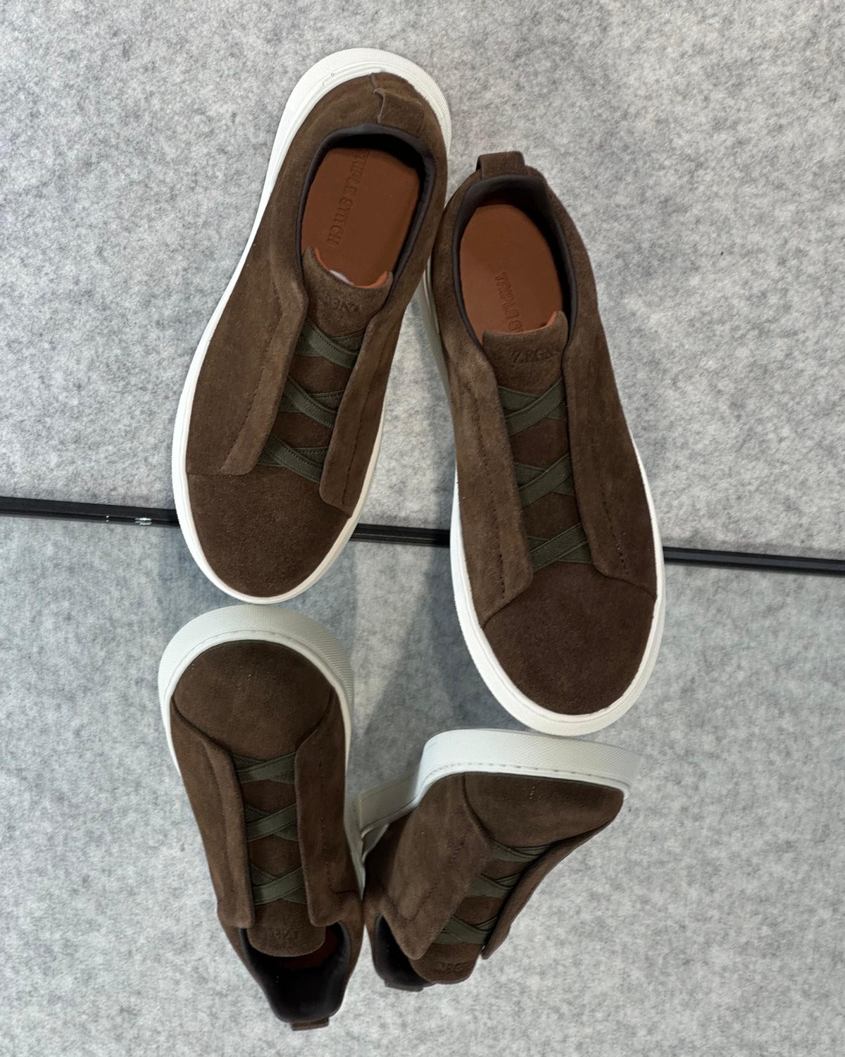 Zegna triple stitch dark brown suede