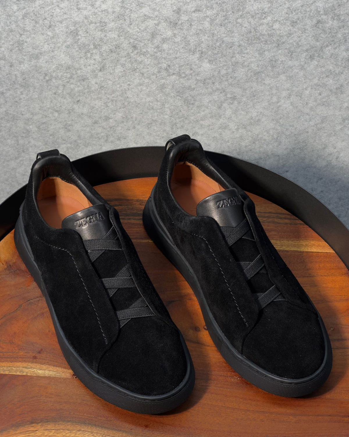 Zegna triple stitch black suede