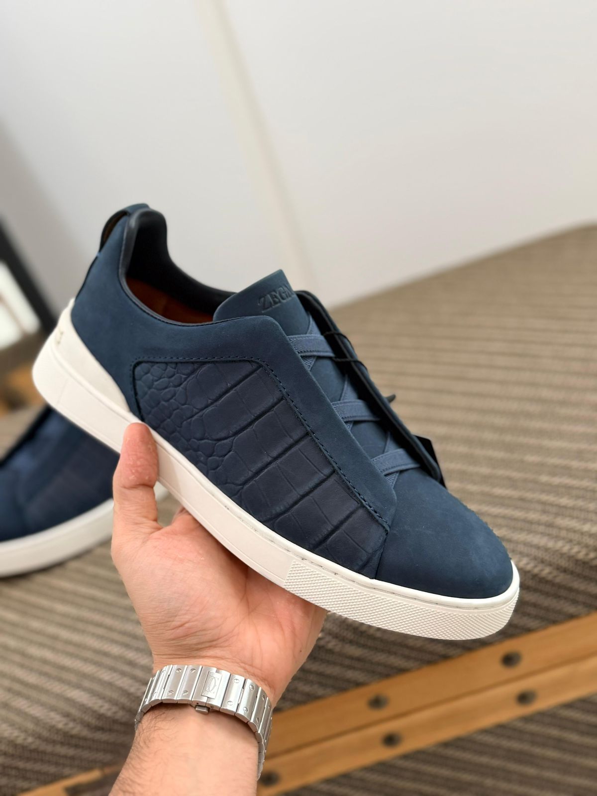 Zegna triple stitch Dark Blue white mat suede