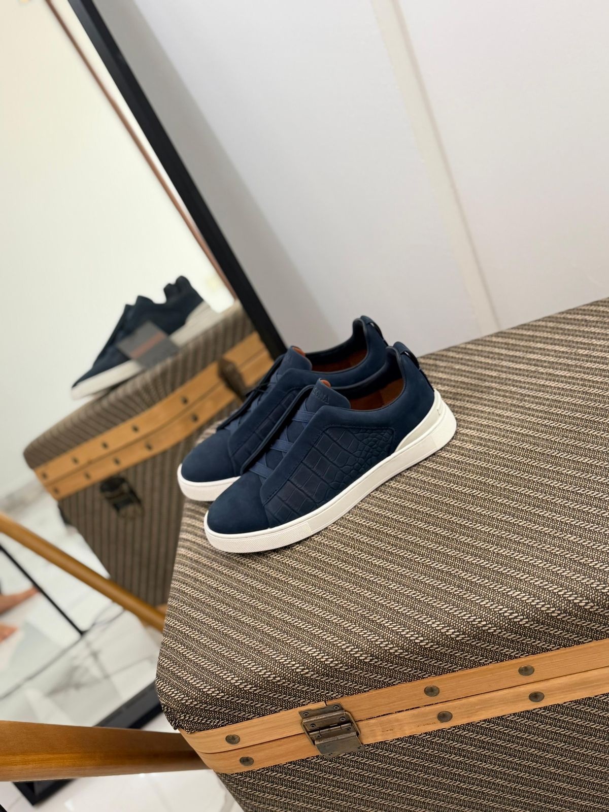 Zegna triple stitch Dark Blue white mat suede
