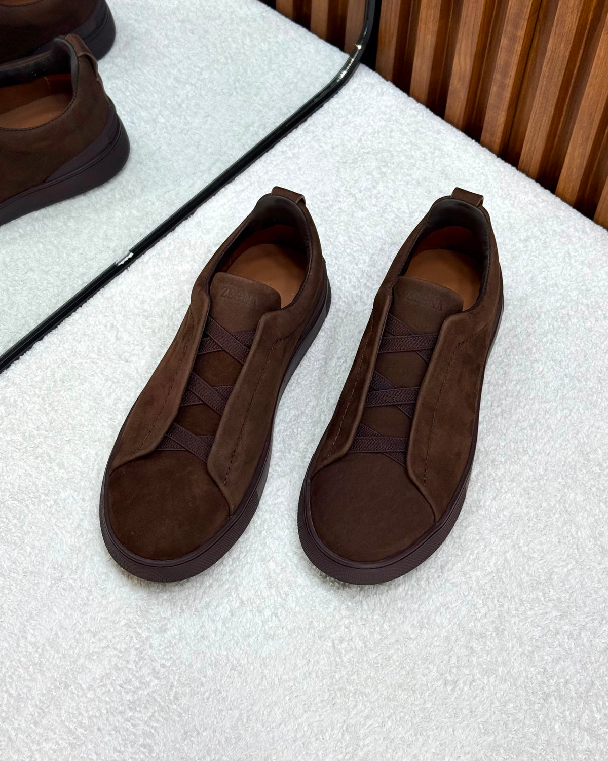 Zegna triple stitch chocolate suede