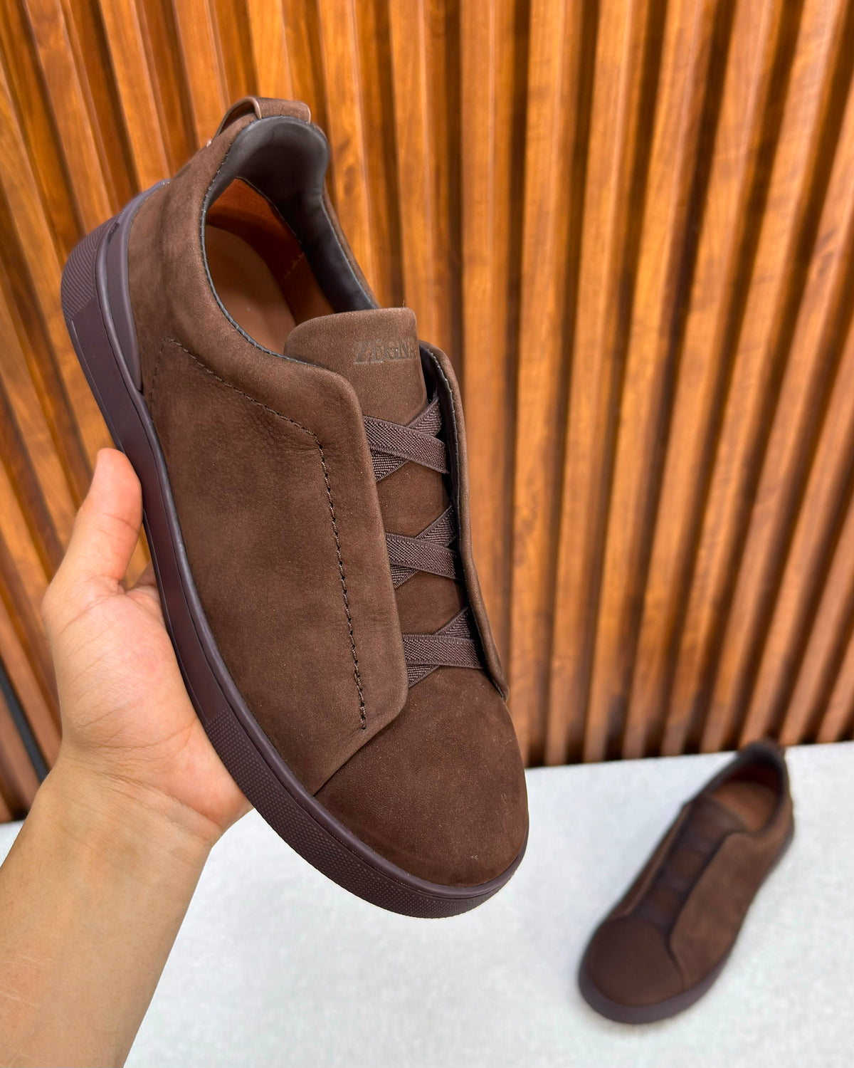 Zegna triple stitch chocolate suede