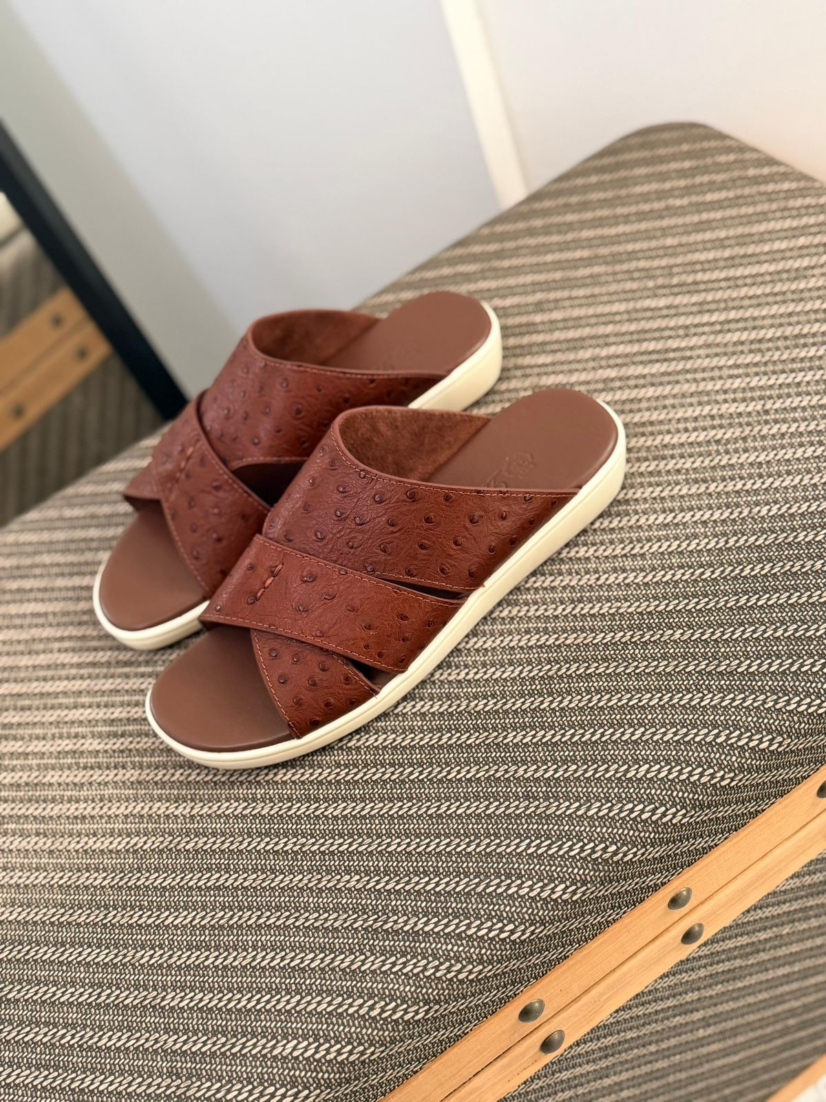 Loro Piana Palm Walk Sandals crafted from ostrich leather.