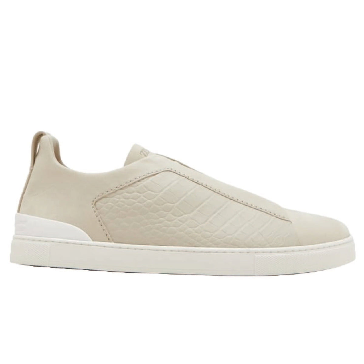 Zegna triple stitch white alligator leather.