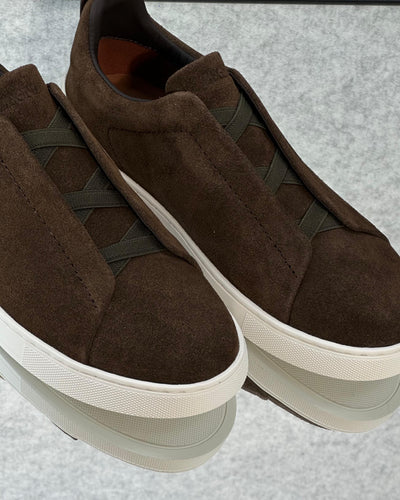 Zegna triple stitch dark brown suede