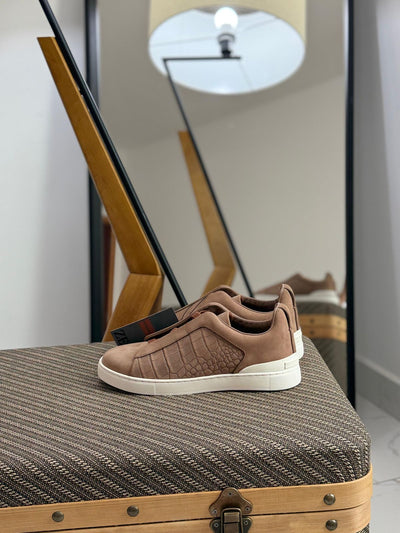 Zegna triple stitch brown crocodile leather and suede
