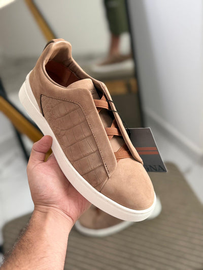 Zegna triple stitch brown crocodile leather and suede