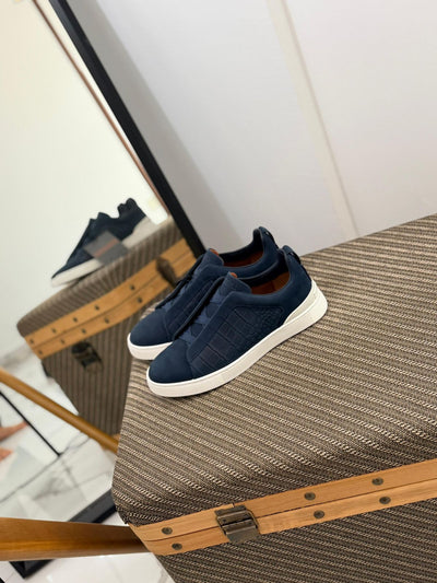 Zegna triple stitch Dark Blue white mat suede
