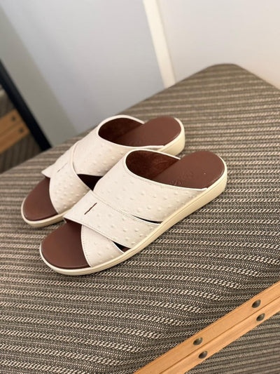 Loro Piana Palm Walk Sandal in White Ostrich Leather.