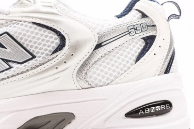 New Balance 530 in White, Silver, and Navy